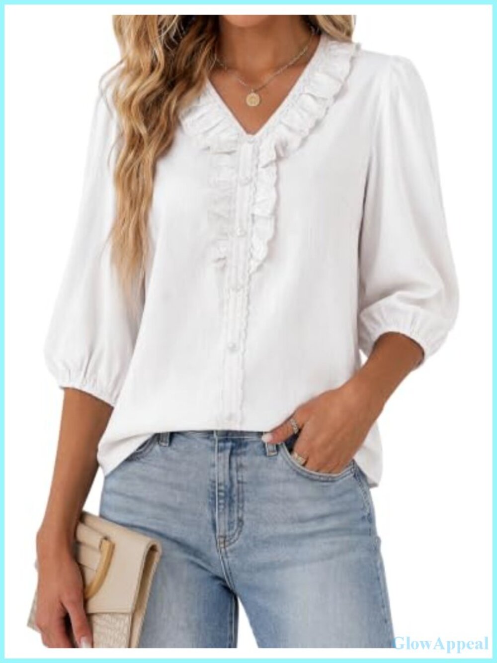 Women's 3/4 Sleeve V-Neck Blouse with Ruffle Lace and Buttons - Business Casual